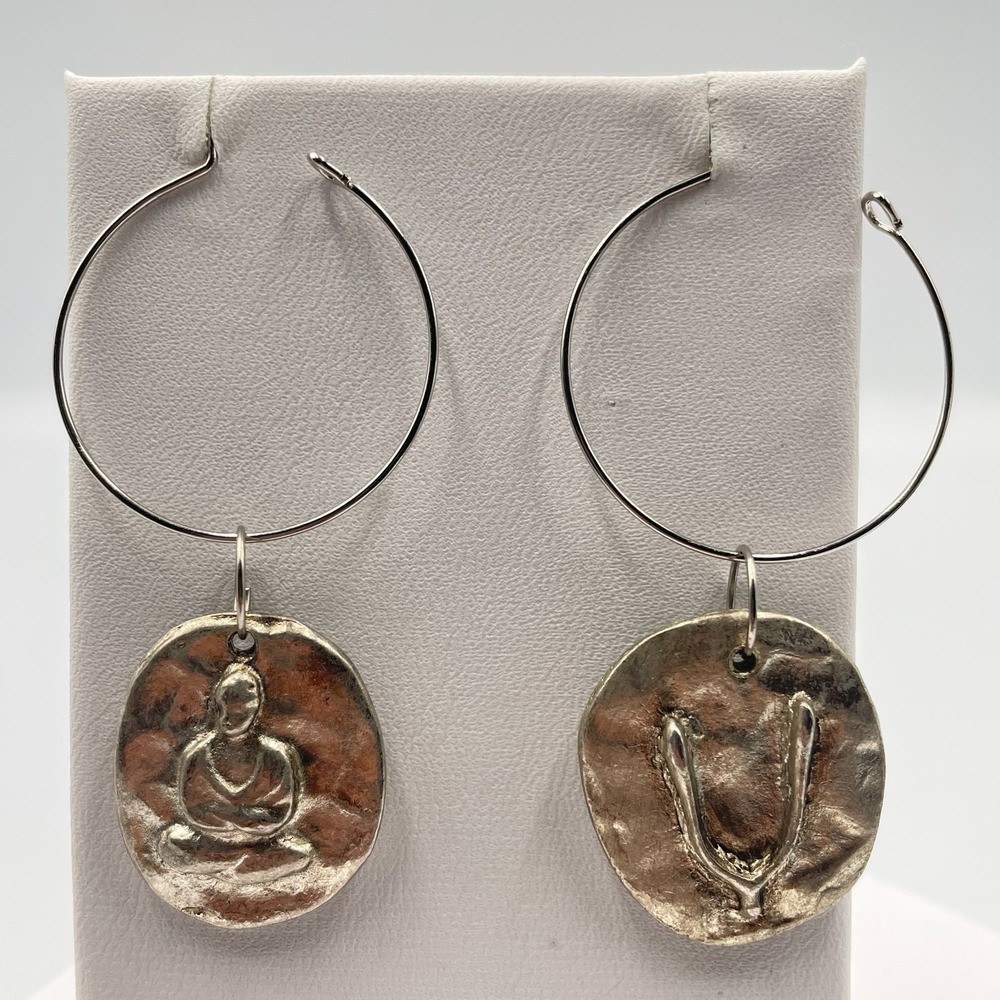 Vintage Boho Silver Tone Medallion Hoop Earrings Buddha Wishbone Charms Classic
